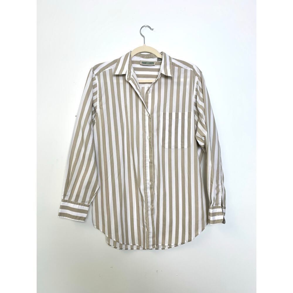Womens Beige White Striped Button Up Long Sleeve Blouse Size M Cottage Casual